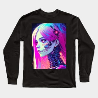 Cyberpunk Anime Skeleton Futuristic Mecha Robot Space Girl Cute Kawaii Long Sleeve T-Shirt